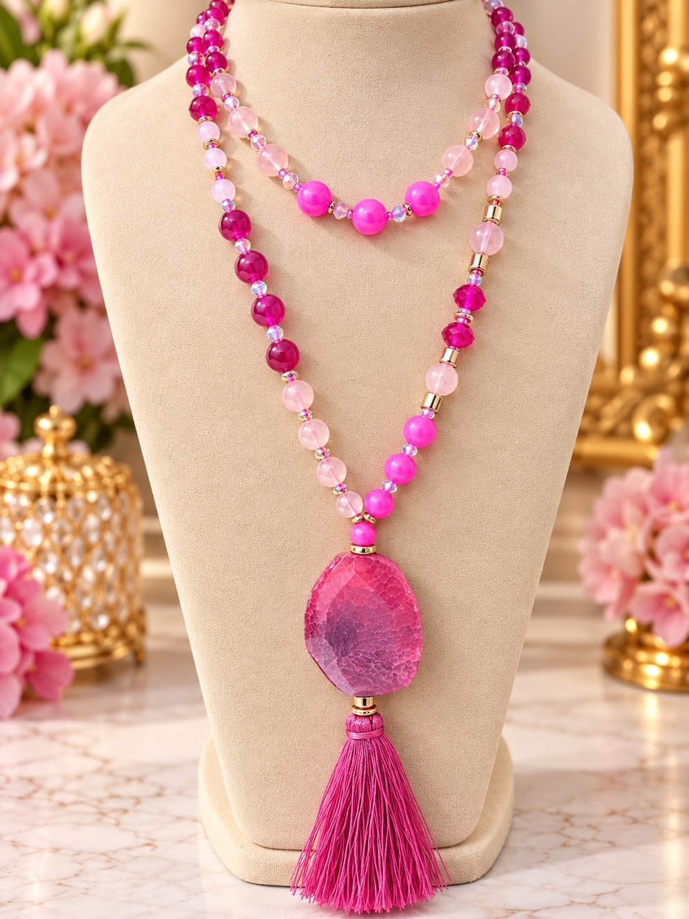 Pink Beaded Tassel Necklace - Women Jewelry 175